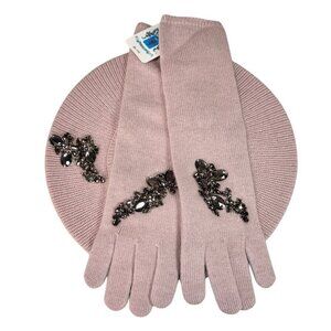 NWT Portolano Beret Hat & Long Gloves Set 2 PCs Blush Beaded Embellished OS